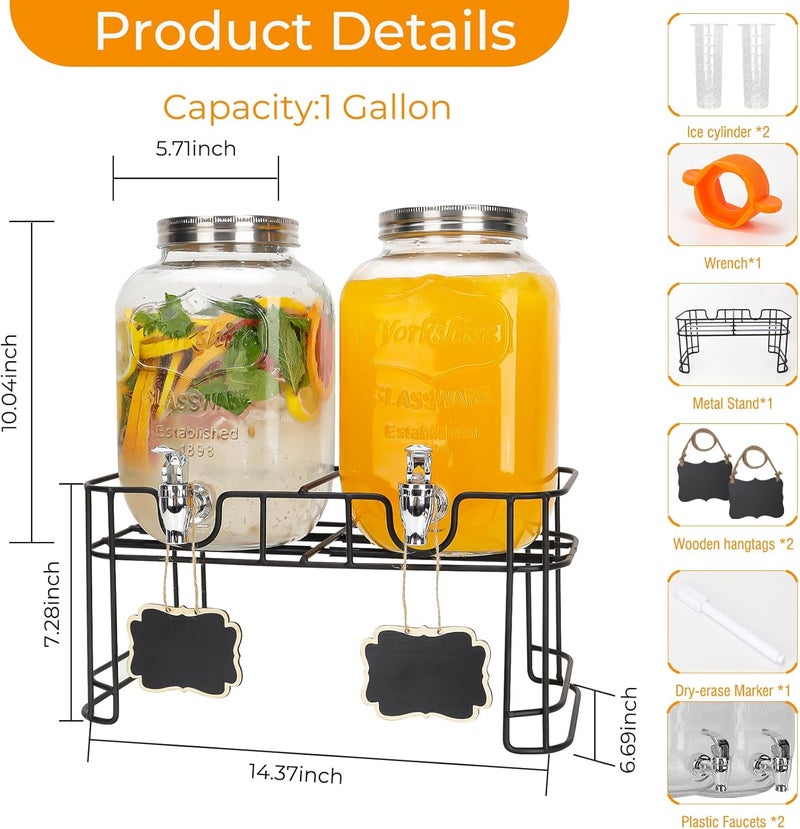 Waymind 1 Gallon Glass Drink Dispensers, 2 Pack Clear Beverage Dispenser with Stand and Spigot for Parties, Drink Dispenser with Ice Core and Sticker for BBQ, Picnic, Lemonade Dispenser - Image 2